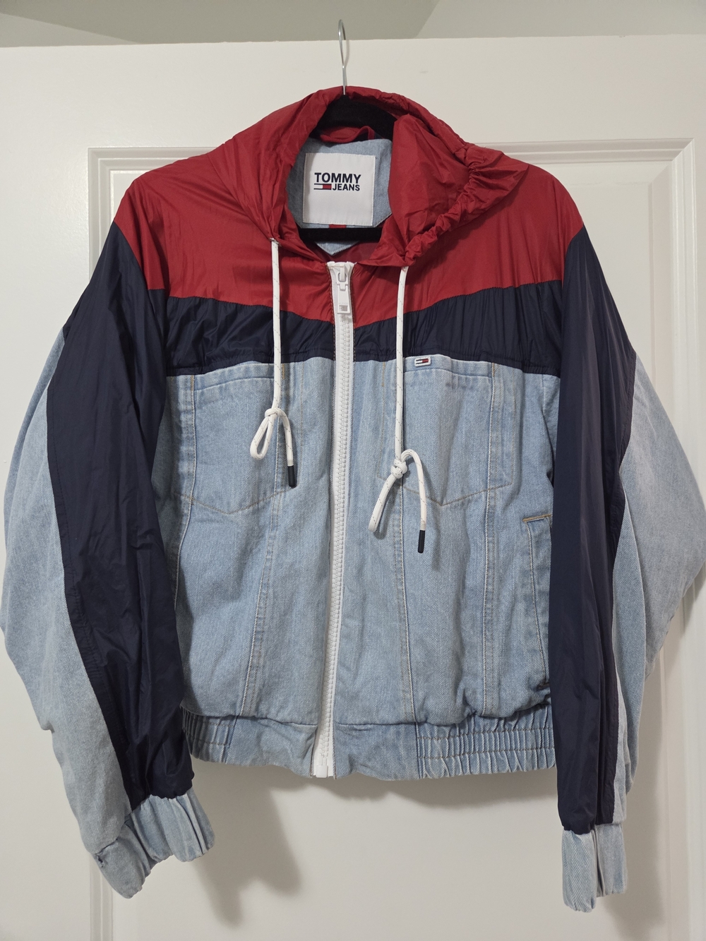 Tommy Hilfiger Red, Navy & Light Denim Colorblock Hooded Rain Jacket